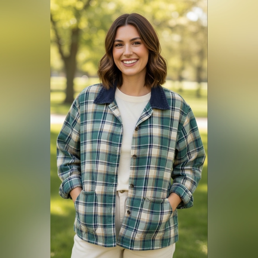 Quizz New York Shacket Shirt Women's Sz 20 Blue Green Plaid Corduroy Collar Vtg